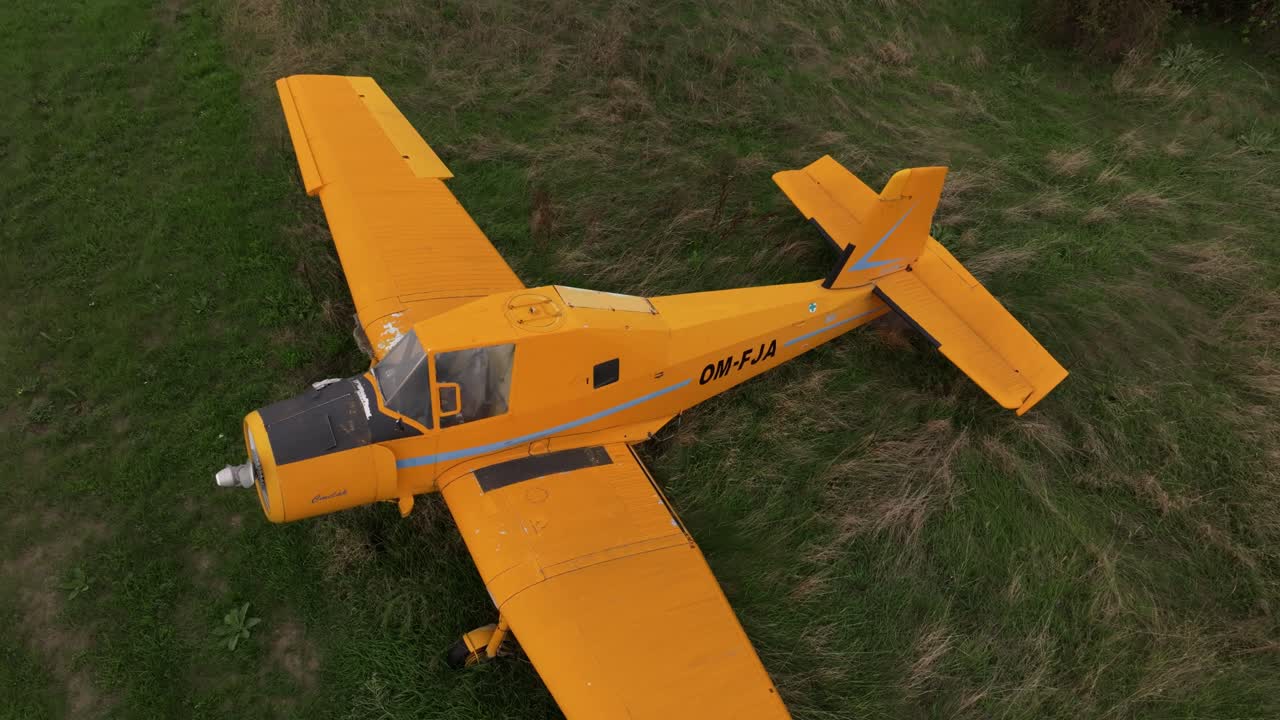 Perspektif drone dari sebuah pesawat kuning terbengkalai yang dikelilingi pepohonan hijau rimbun