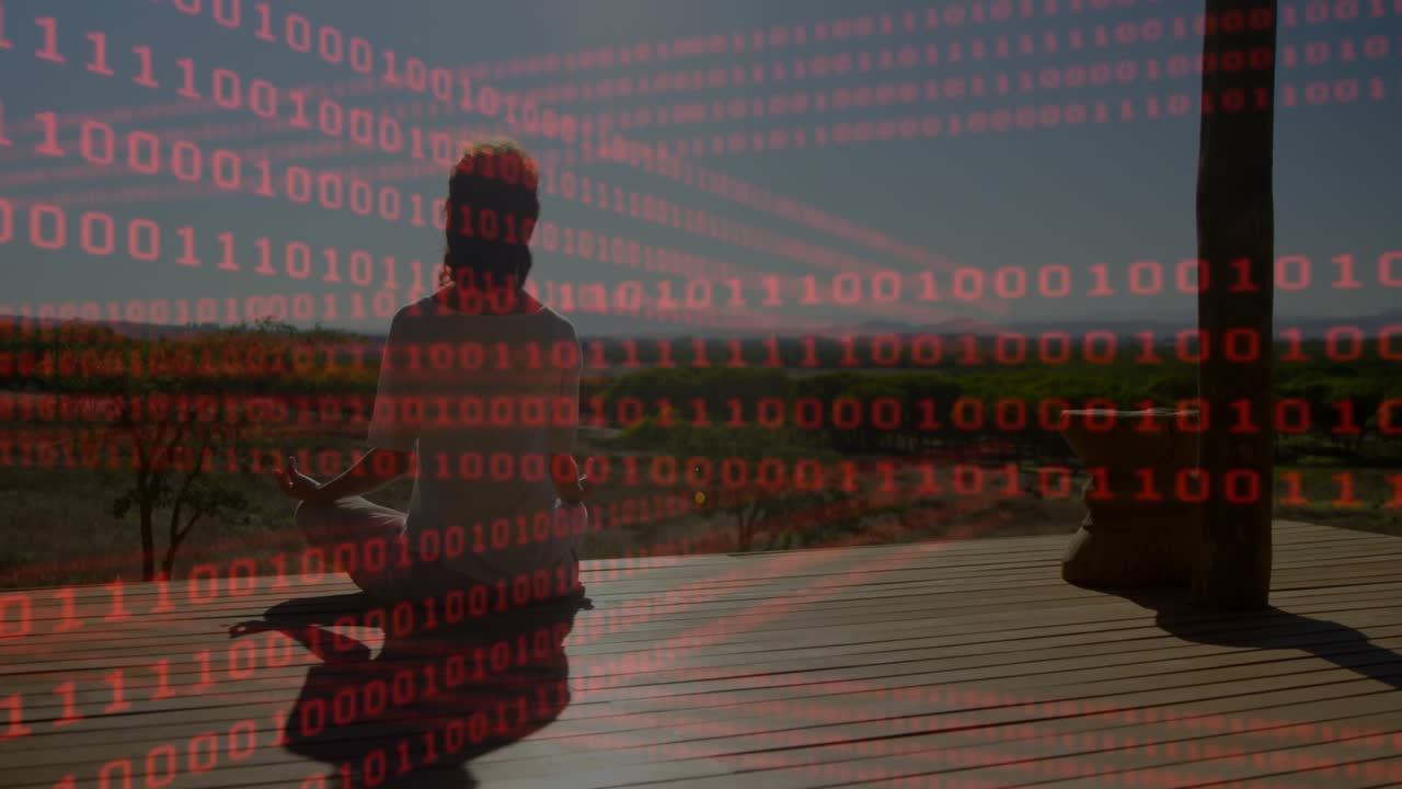 Woman meditating on wooden deck facing horizon, red binary overlay shifting, exploring tech balance