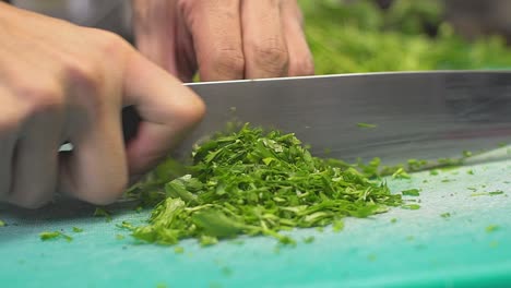 close up on cook's hands cutting parsley slowmotion 100fps