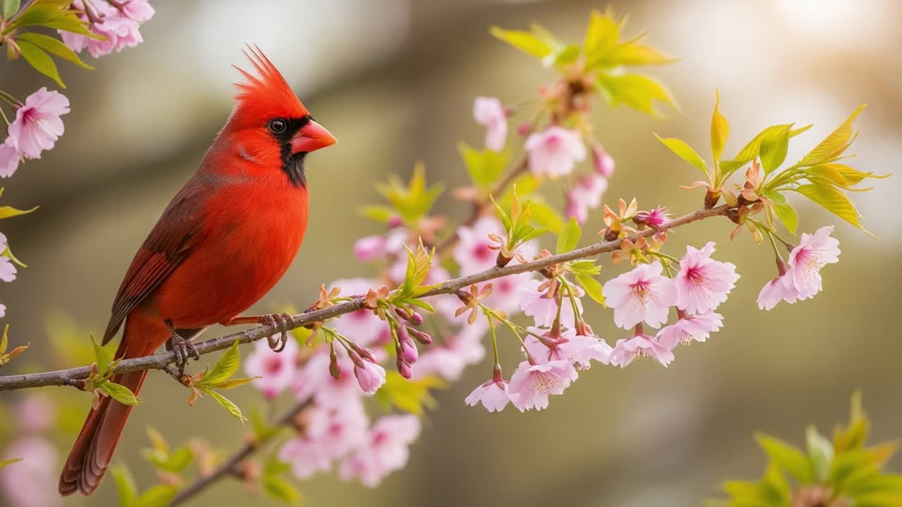 A Stunning Scarlet Bird Perched Amidst Refreshing Cherry Blossoms, Showcasing Nature's Beauty and Vibrant Colors Captured in an Artistic Floral Setting