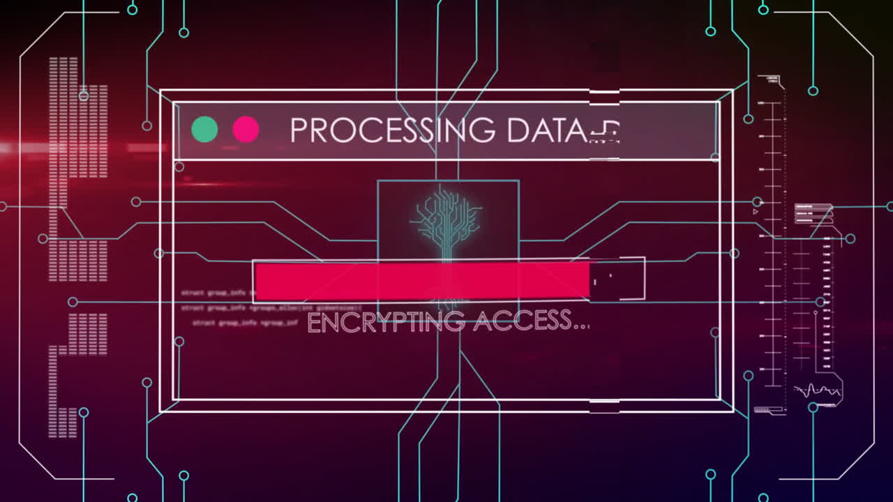 Animation of text and data processing over screen and circuit board