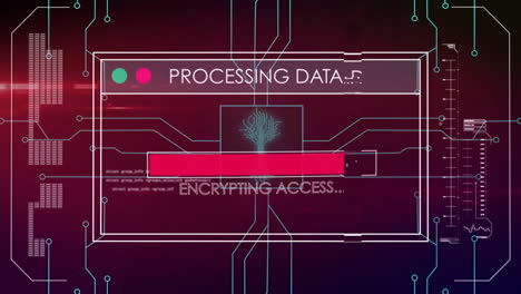 animation of text and data processing over screen and circuit board