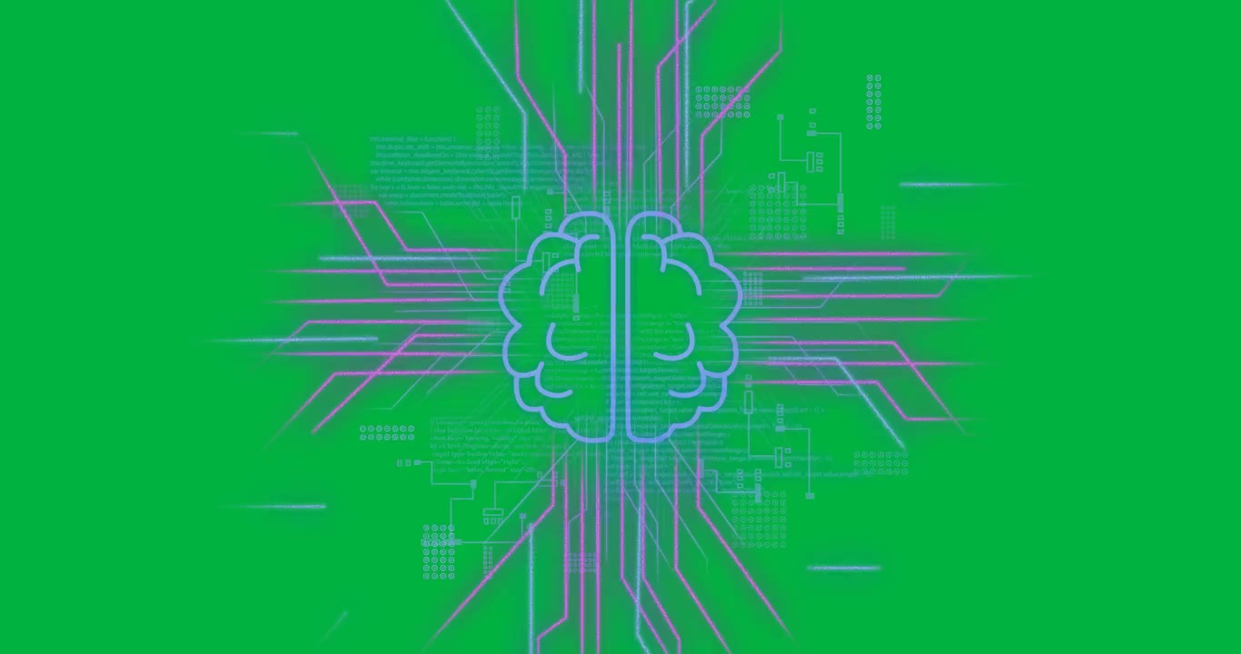 Animation of brain and artificial intelligence data processing over transparent background