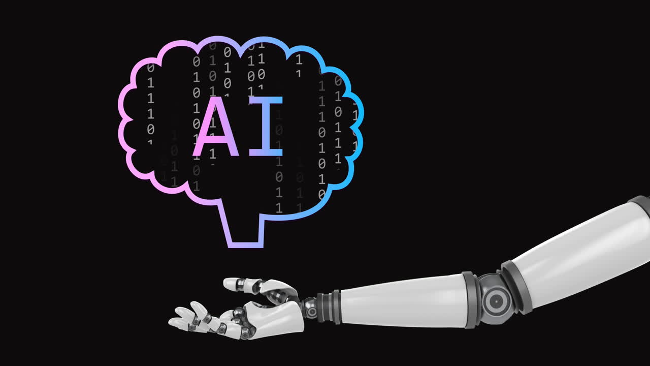 animación del procesamiento de datos sobre el brazo del robot y el fondo oscuro