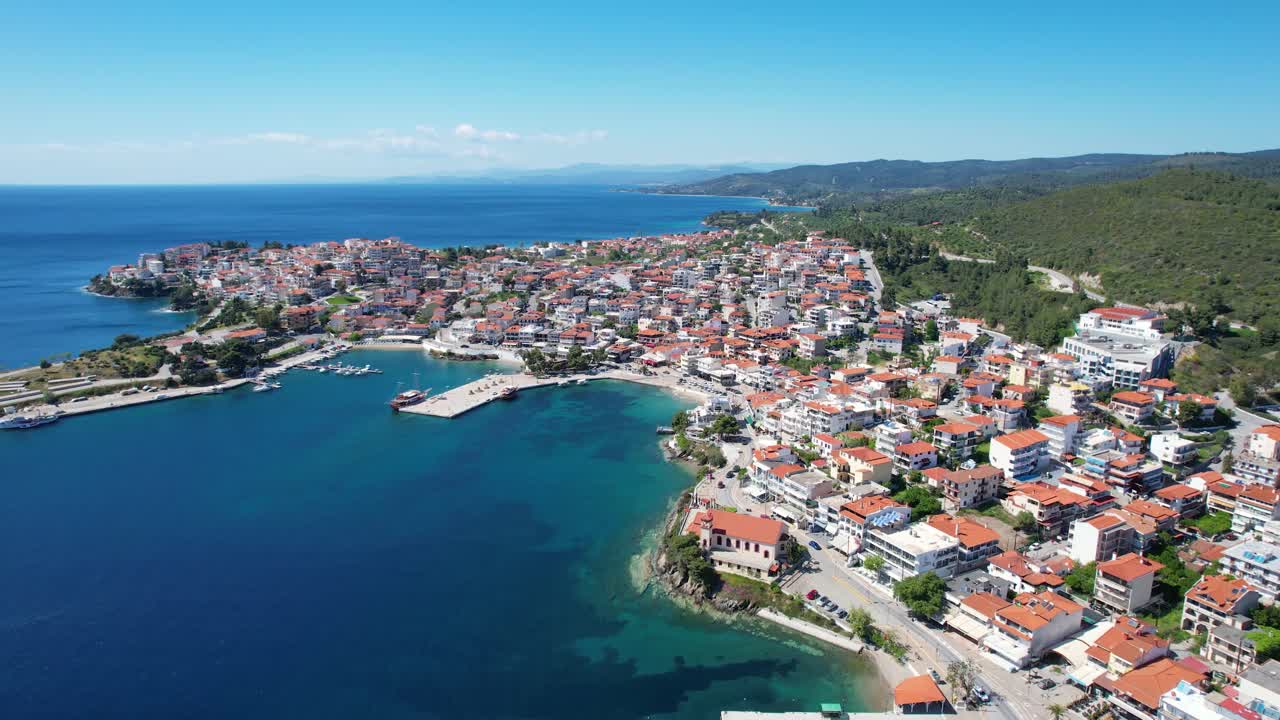 Neos Marmaras Halkidiki Aerial Panoramic View of Coastal Village, Summer Destination Greece, Point of Interest Shot