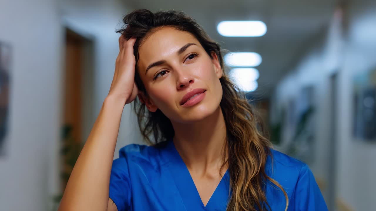 Emotionally Pensive Healthcare Professional in a Serene Hospital Corridor, Reflecting on Challenges and Responsibilities while Dressed in Scrubs, Portraying the Essence of Compassion in Medical Environments