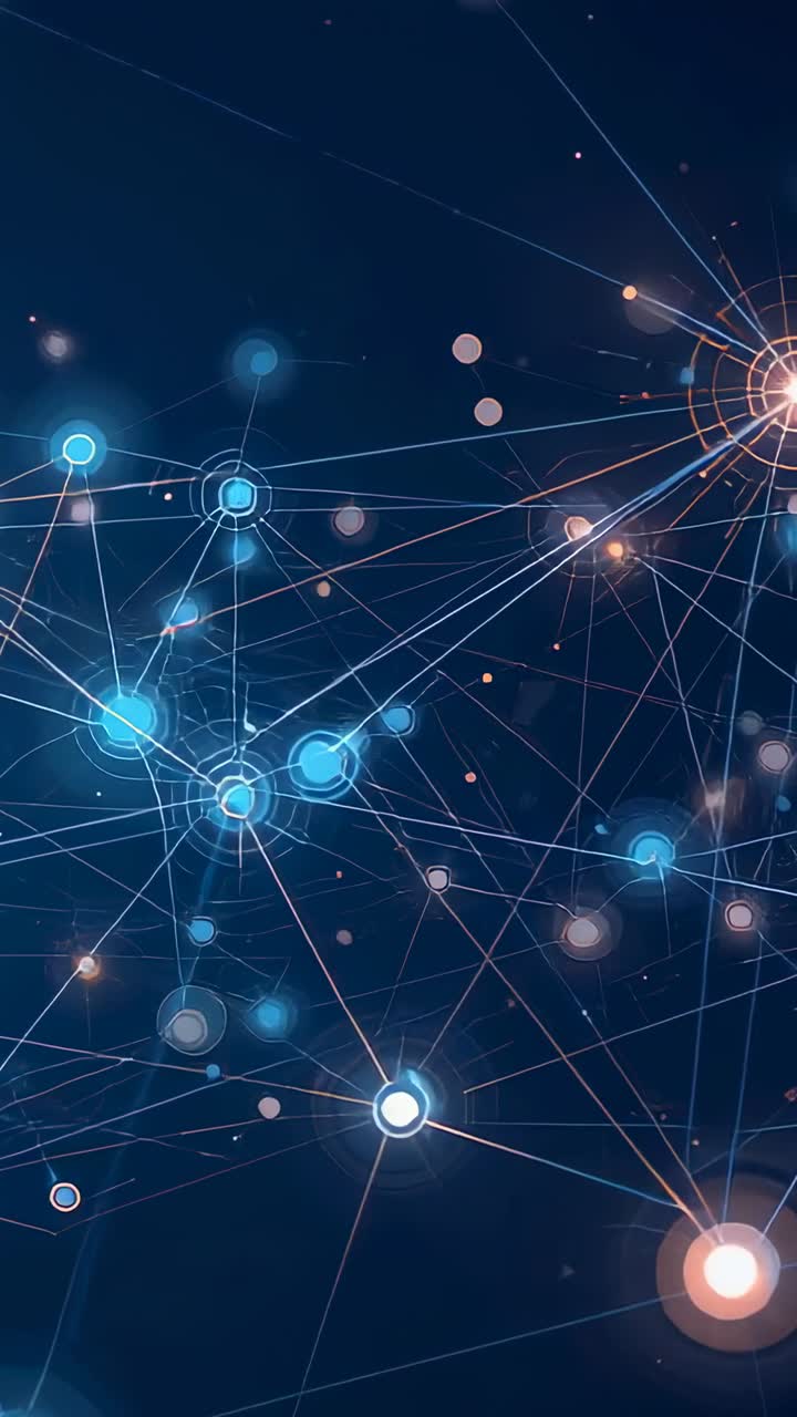 Vertical video: Panning right, pulsing blue nodes on navy field, lines pulling dots to orange hub