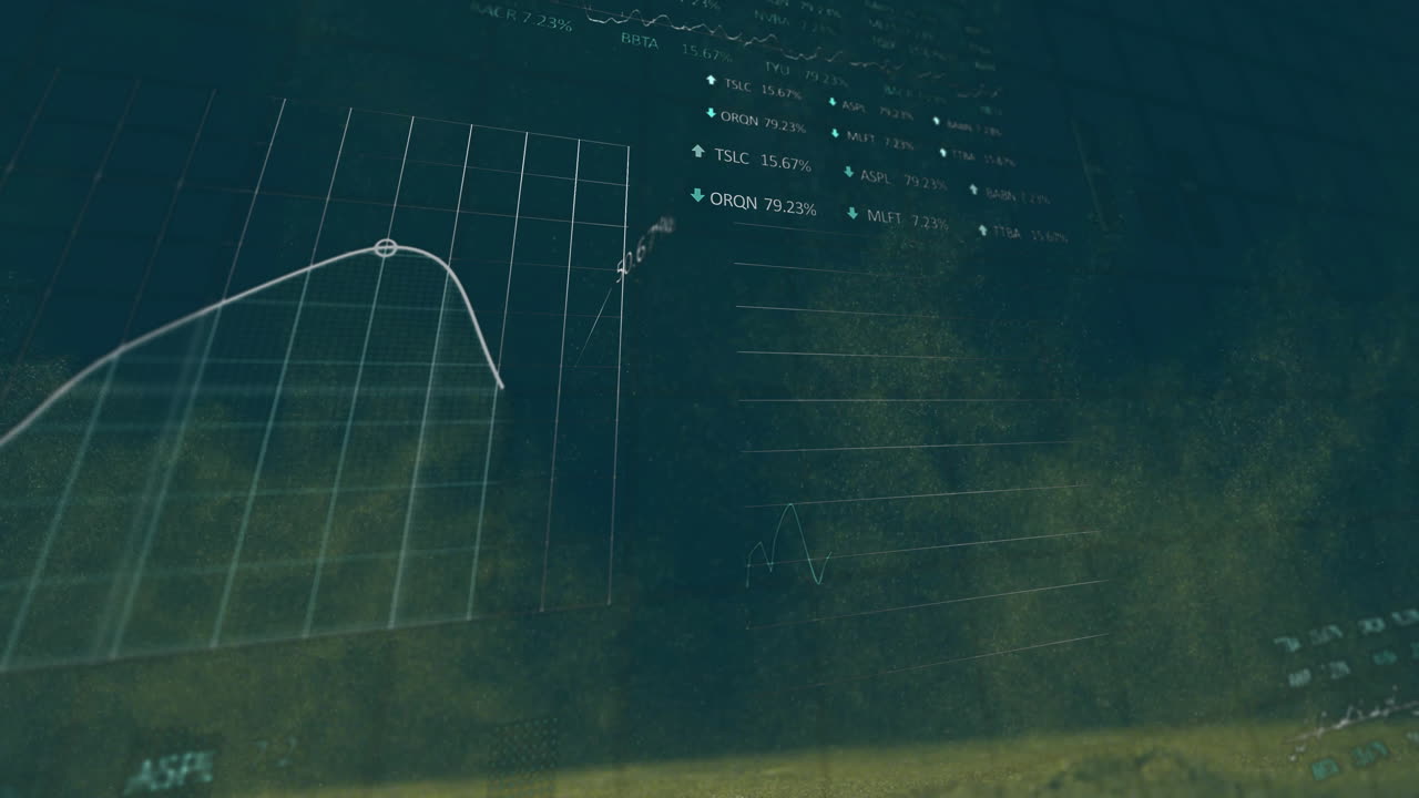 Animation of data processing, stock market and diagrams over smoke clouds