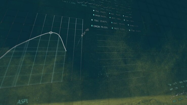 Animation of data processing, stock market and diagrams over smoke clouds