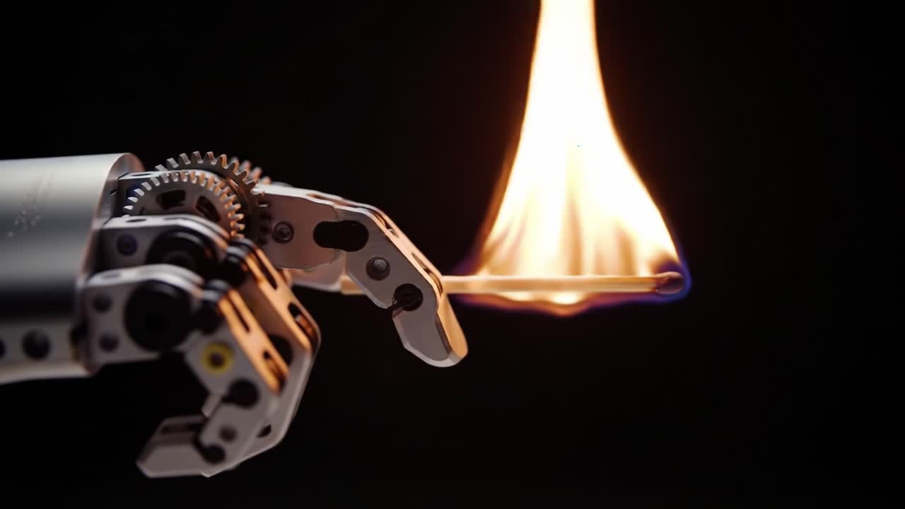A robotic hand skillfully grasps a heated metal plate emitting flames, demonstrating innovative engineering.