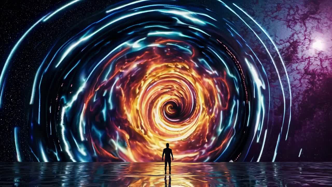 A silhouette stands before a swirling vortex of vibrant colors, captured from a low-angle