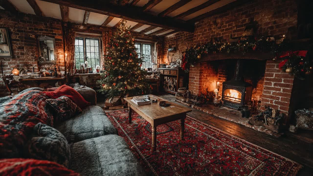 A Cozy Winter Living Room Scene with a Festively Decorated Christmas Tree, Warm Fireplace Glow, and Rustic Brick Walls, Perfect for Holiday Gatherings and Comfort
