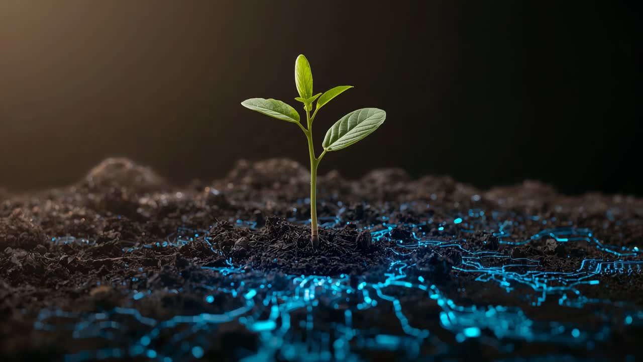 Pushing camera forward showing green seedling on dark soil under warm rim light, blue lines pulsing