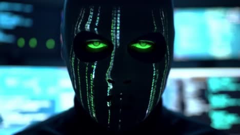 a mysterious cyber entity with glowing green eyes and binary code visage staring intently at the screen, eliciting intrigue and technological depth