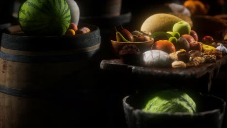 food table with wine barrels and some fruits, vegetables and bread