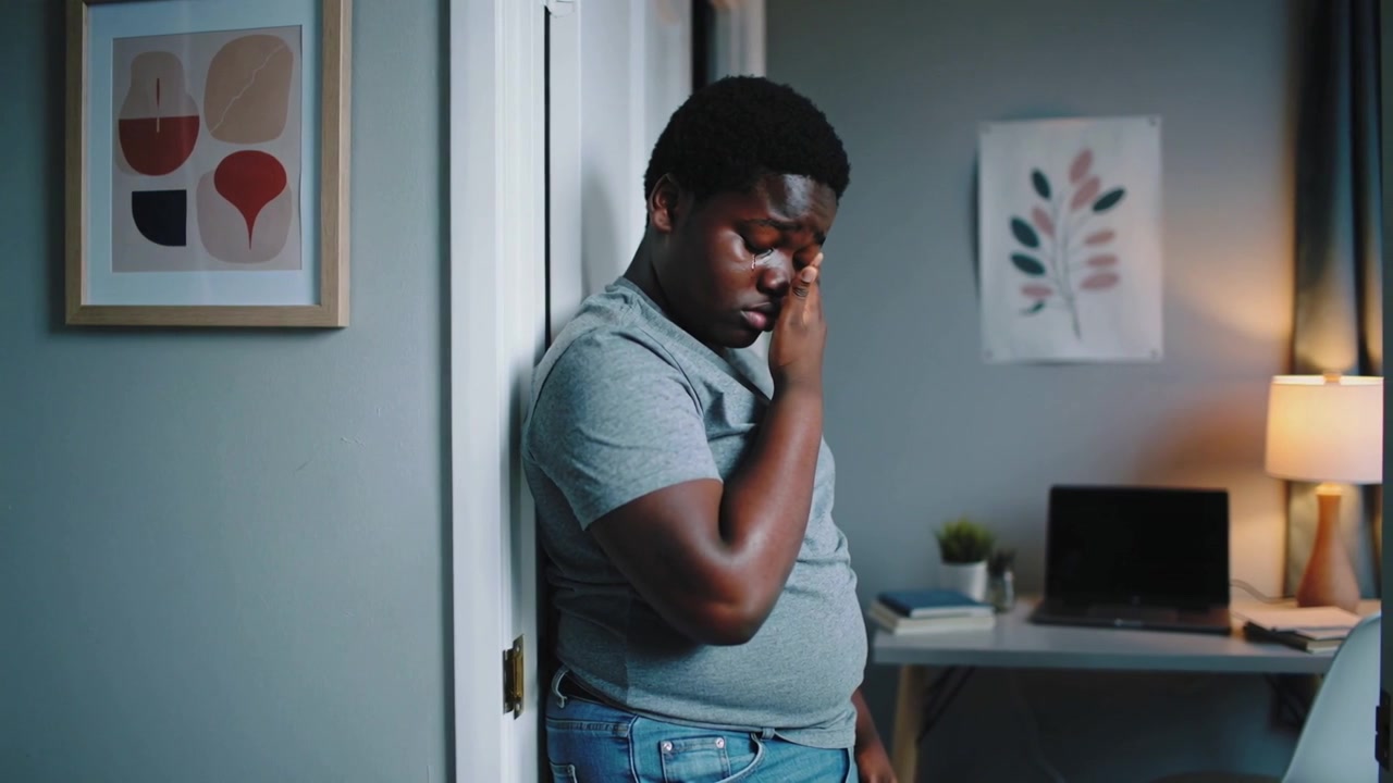 Leaning teen feeling upset in gray tee, raising hand, wiping eyes at bedroom doorframe with laptop