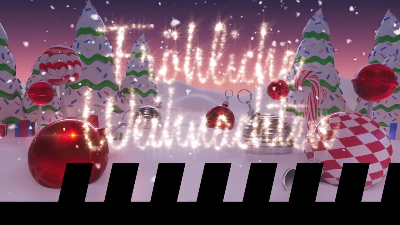 크리스마스 축하 문자, 나무와 겨울 풍경 위에 내리는 눈의 애니메이션