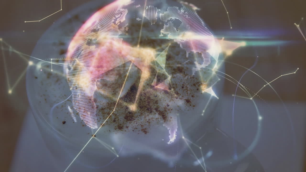 White ceramic coffee cup displaying frothy cappuccino foam projecting holographic network globe