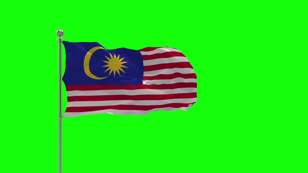 Illustrazione 3D della bandiera sventolante della Malesia su un'asta con Chroma Key