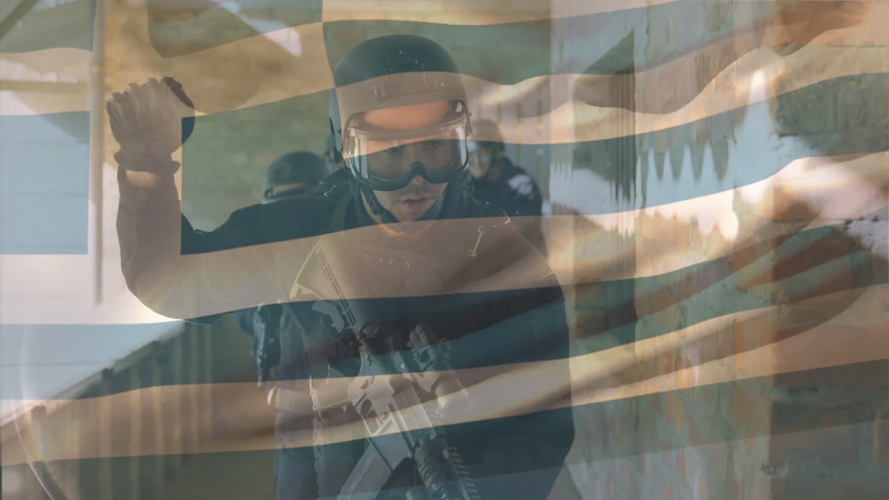 Soldier making peace sign with animation of Greek flag in background