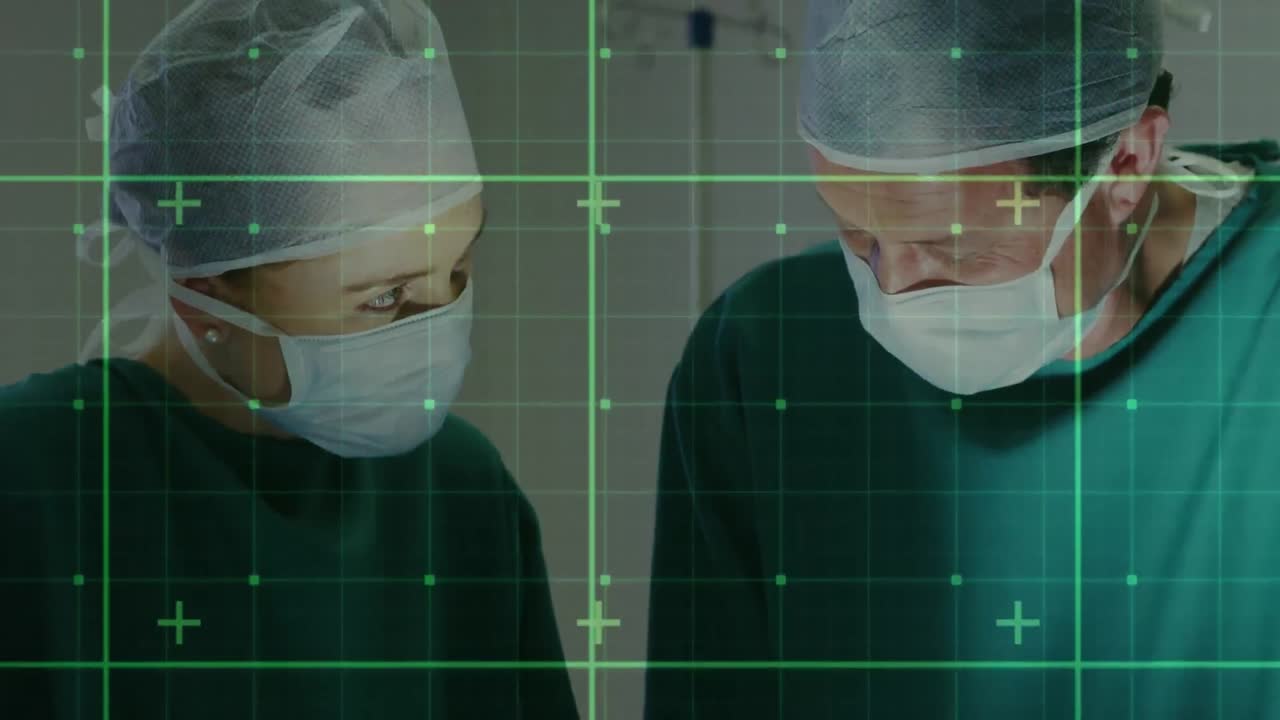 병원에서 백인 외과 의사에 대한 데이터 처리의 애니메이션