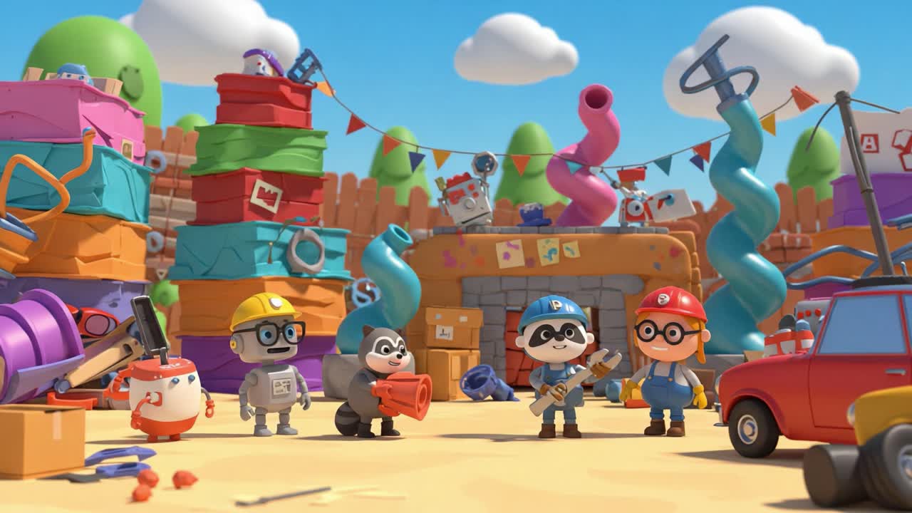 A Colorful Adventure in a Creative Play Zone: Engaging Characters Collaborate in a Whimsical Environment Filled with Tools and Vivid Decorations for Imaginative Fun