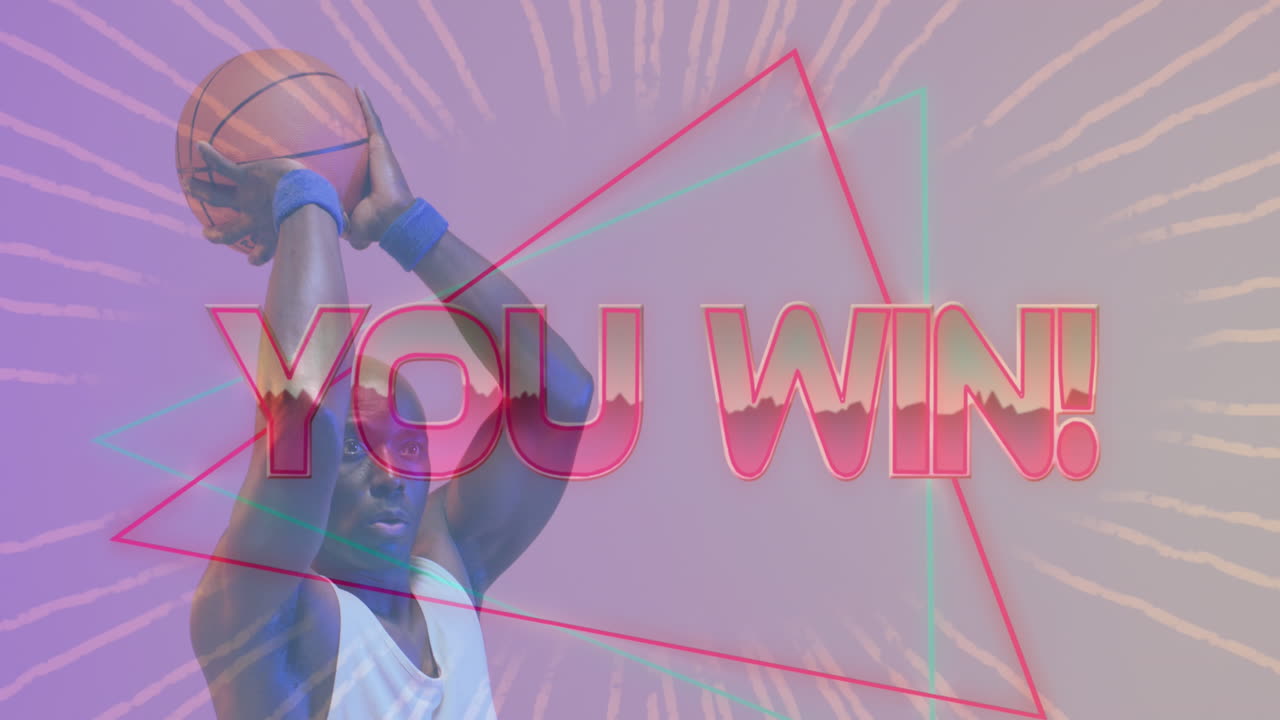 네온 패턴과 아프리카계 미국인 농구 선수에 대한 텍스트를 이기는 애니메이션