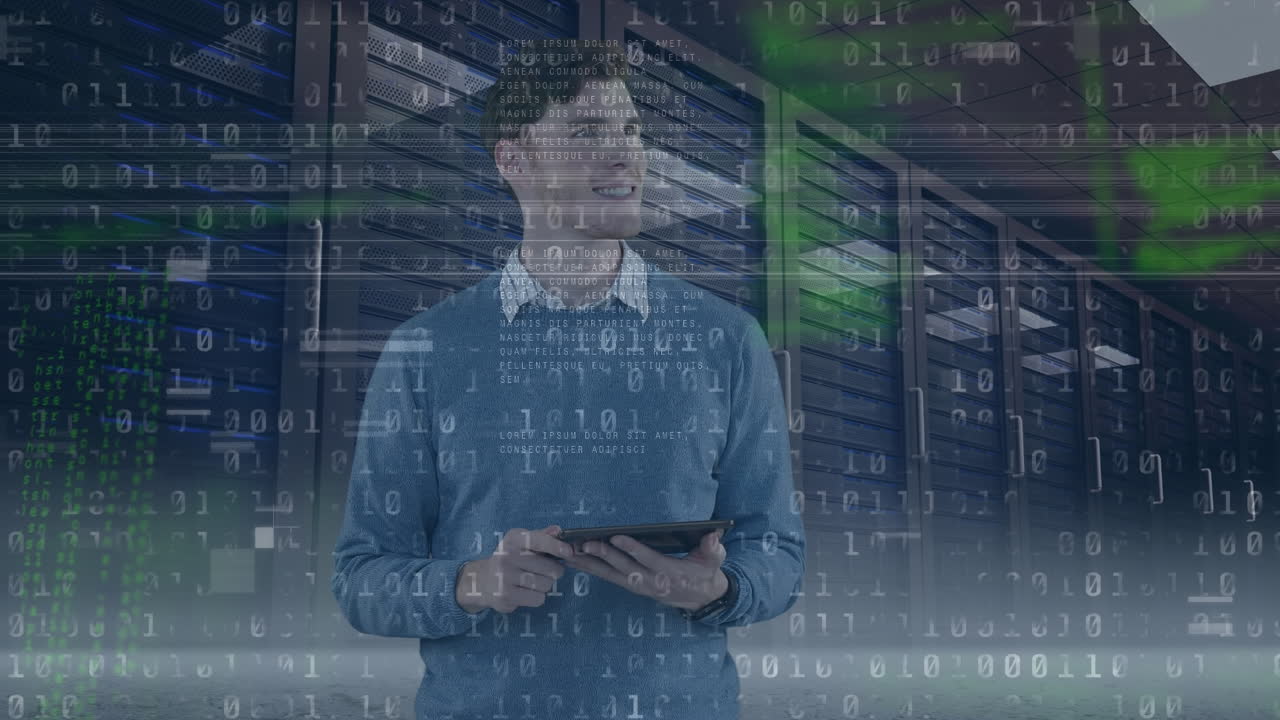 Animation af databehandling over forretningsmand i serverrum