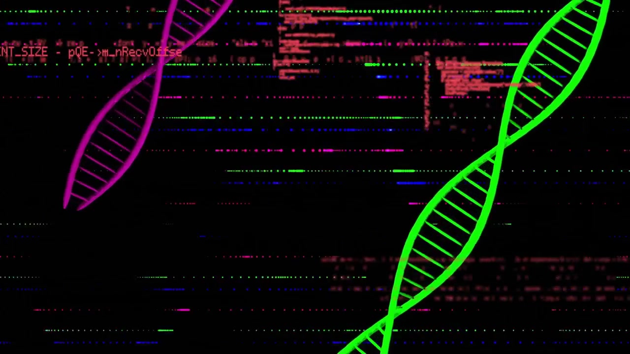 On glitch magenta, green helices drifting inward, outward over scrolling code highlighting routines