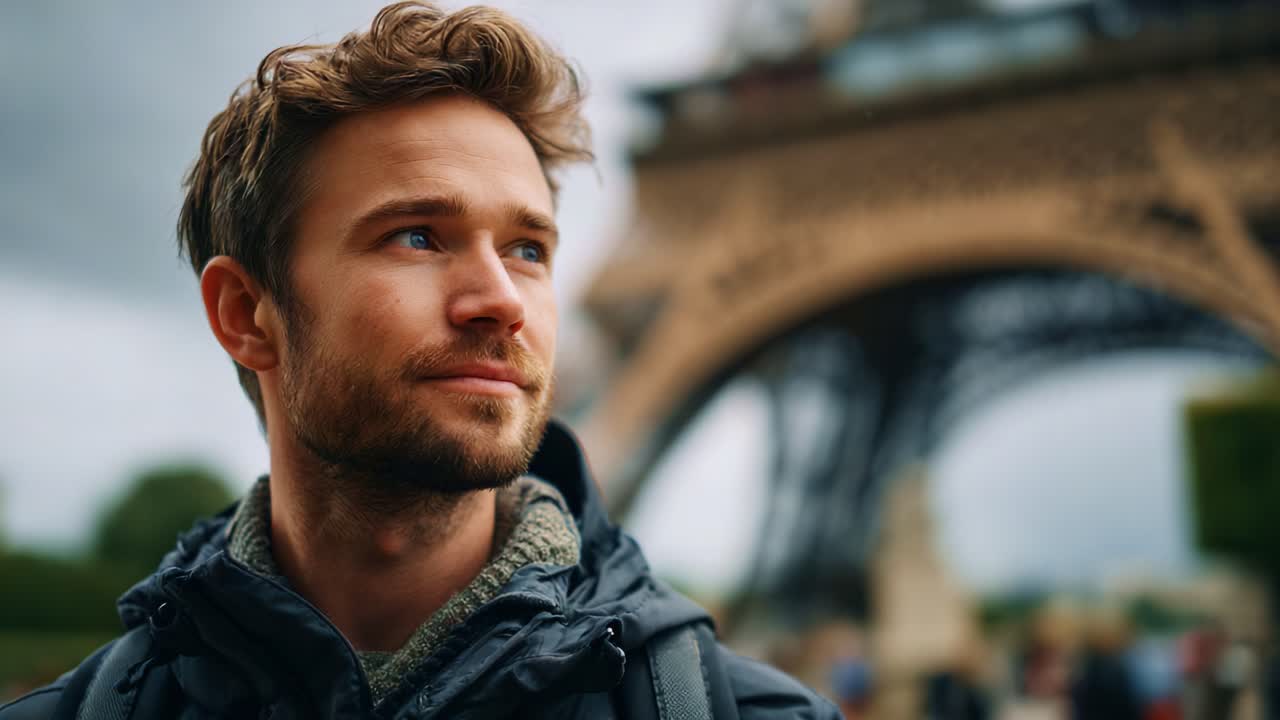 En ung mand ser eftertænksomt ud over det ikoniske Eiffeltårn og reflekterer et øjeblik i den parisiske atmosfære