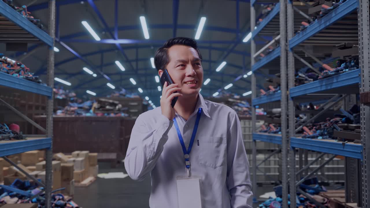 Un lavoratore professionista asiatico in piedi in un magazzino industriale di rottami metallici e riciclaggio, ha preso il telefono e ha iniziato a parlarci.