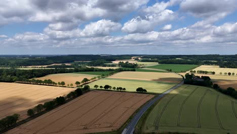 clouds hovering over american countryside farm fields with tree-lined avenues and mountains in summer. aerial forward wide shot. agricultural farm fields with green trees and puffy cloudscape in usa