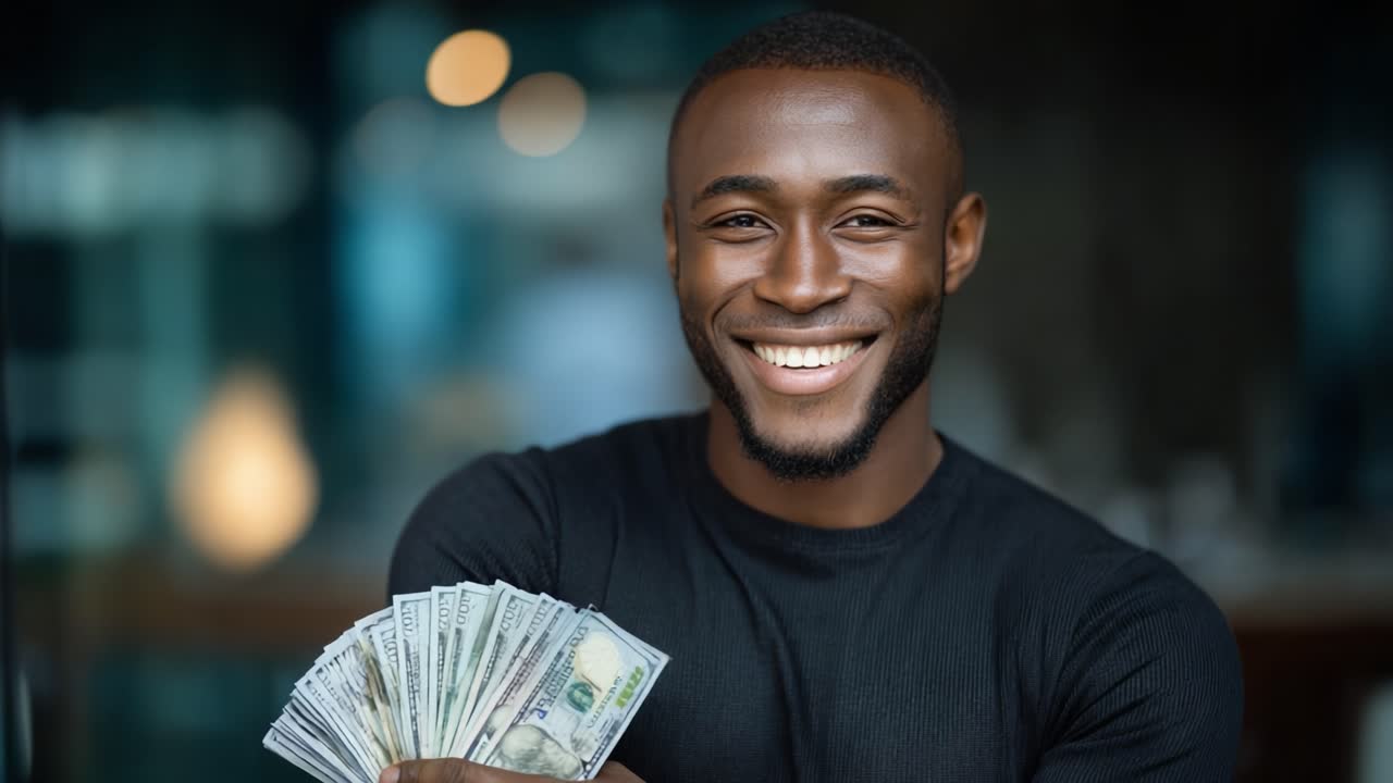 Uomo sorridente mostra con entusiasmo mazzette di contanti mentre posa in un ambiente moderno, trasmettendo sicurezza e felicità in abbigliamento professionale