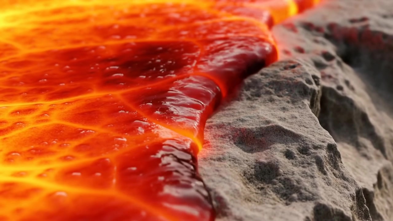 Lava fusa che scorre e tocca roccia dalla superficie irregolare, insinuandosi lungo il bordo della roccia e formando una crosta di raffreddamento.
