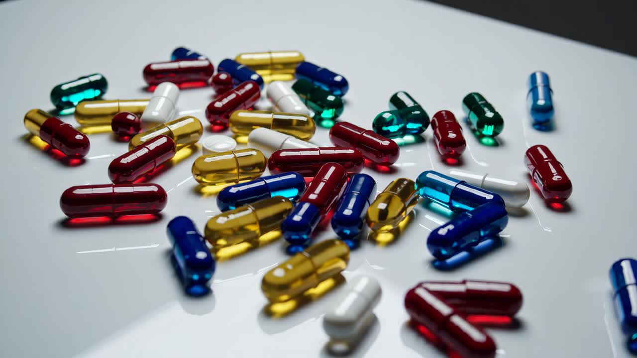 색 표면에 다양한 색의 알약과 이 있습니다.