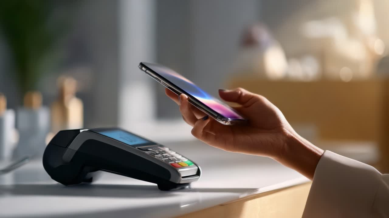 Contactless Payment Technology: A User Engages with a Smartphone Near a Payment Terminal, Highlighting Modern Digital Transactions and Convenience in Retail Environments