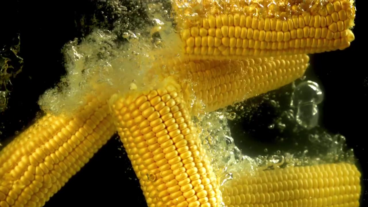 Fresh Yellow Corn Cobs Falling into Water with Bubbles