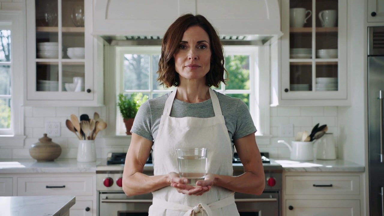 Telecamera in movimento che riprende una donna con un grembiule che tiene una ciotola di vetro trasparente piena d'acqua in cucina per una ricetta.