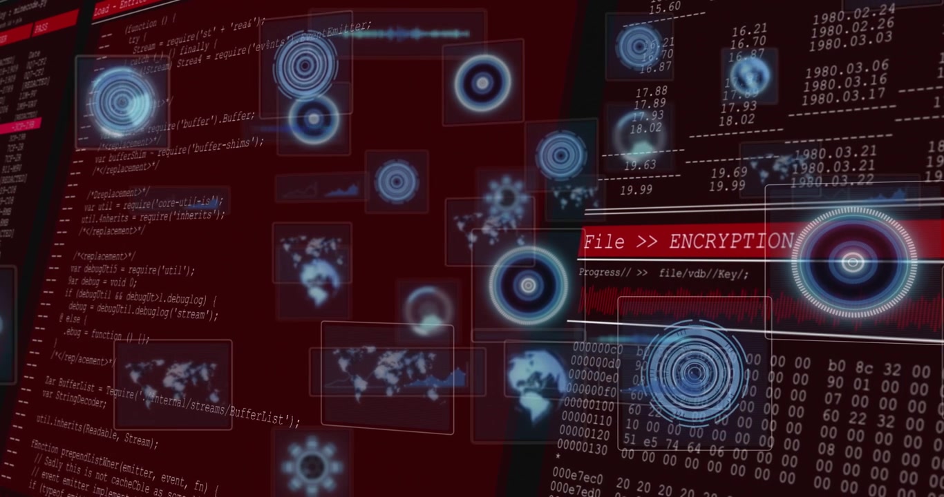 Faint bluish orbs drifting in, translucent HUD elements pulsing, code sliding, encrypting data