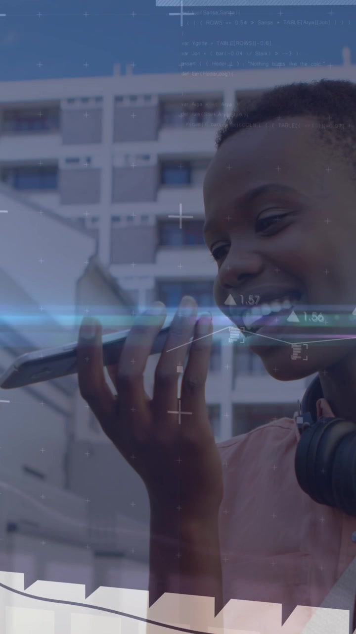 Young African American Man Talking on Smartphone with Digital Overlays