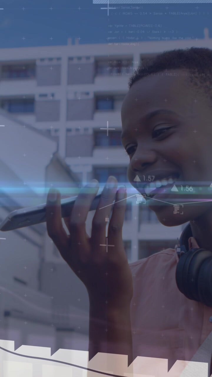Young African American Man Talking on Smartphone with Digital Overlays