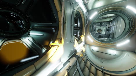 un módulo de la estación espacial internacional con equipo y luces en su interior