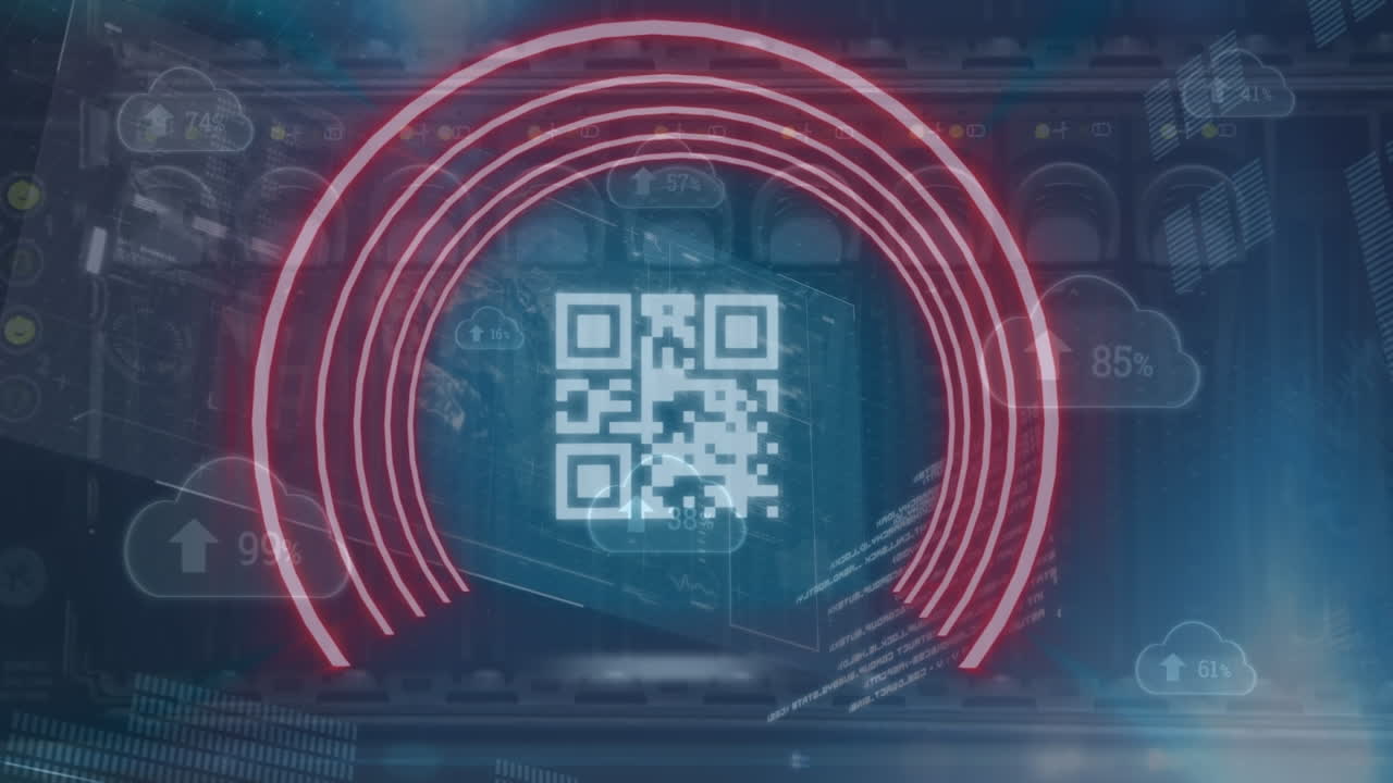 Animation of qr code, digital clouds and data processing over server