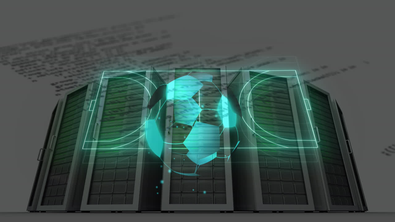 Animation of neon stadium and data processing over server room and football
