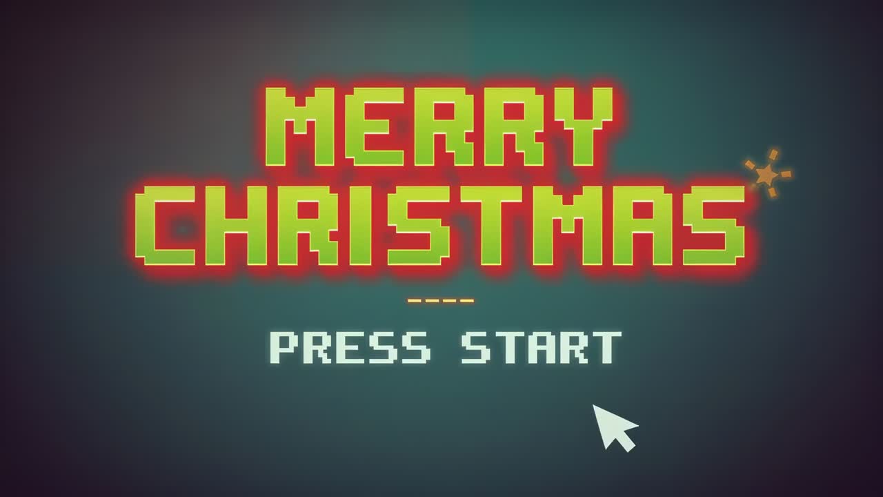 Cursore bianco sospeso che si muove da destra sopra la scritta BUON NATALE nella schermata del titolo, selezionando PREMI START