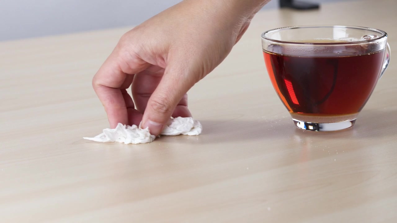 Una mano pulisce la superficie di un tavolo in legno usando un fazzoletto di carta appallottolato accanto a una tazza da tè