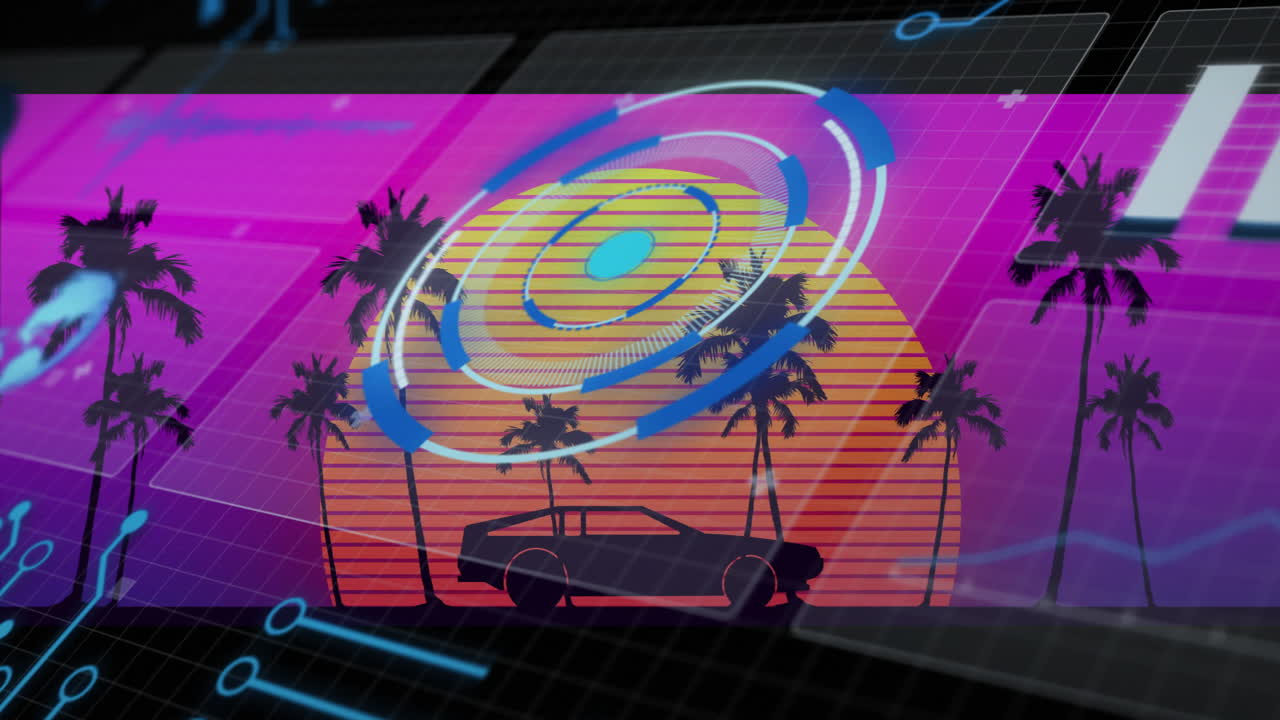 Animation of retro car silhouette with palm trees and digital patterns at sunset