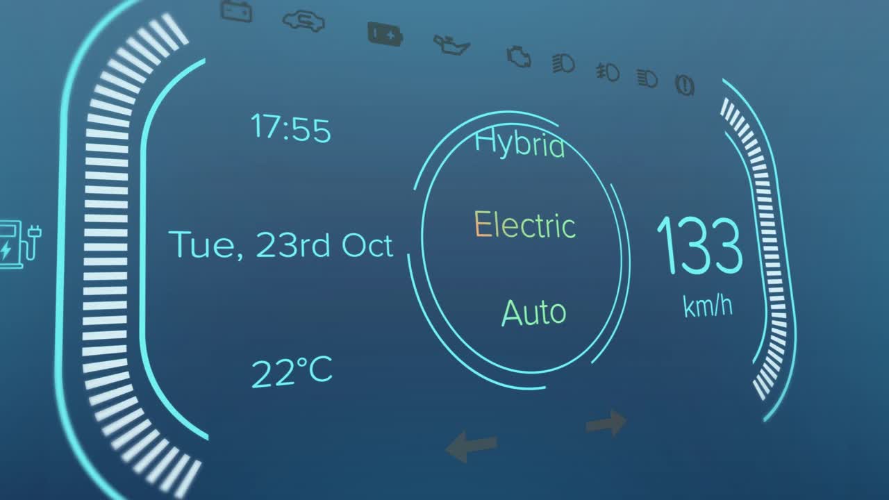 파란색 배경에 전기 자동차 디지털 인터페이스의 애니메이션