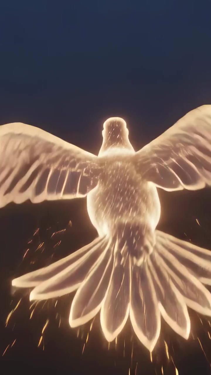 Vertical video: Glow pulsing dove bird lifting wings to ascend against navy sky, trailing sparks
