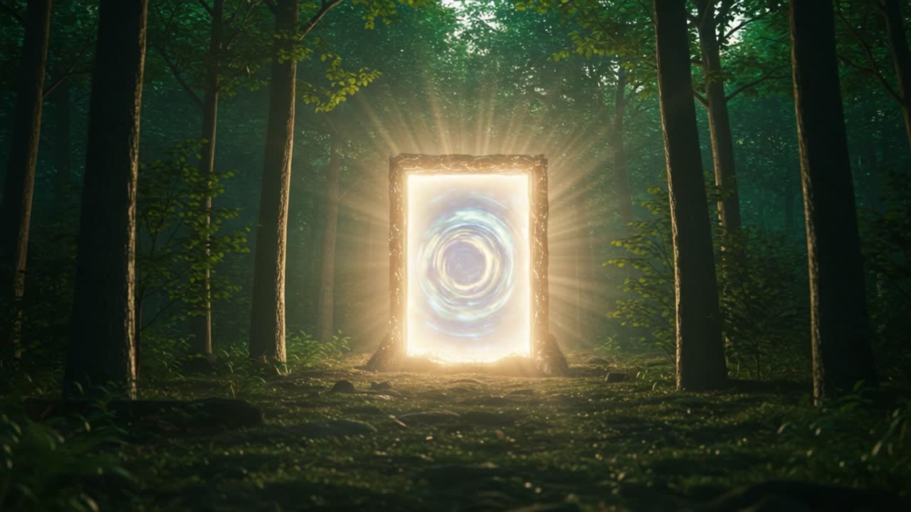 A Mysterious Portal Emerges in a Lush Forest, Radiating Light and Energy, Inviting Exploration into a World Beyond the Ordinary